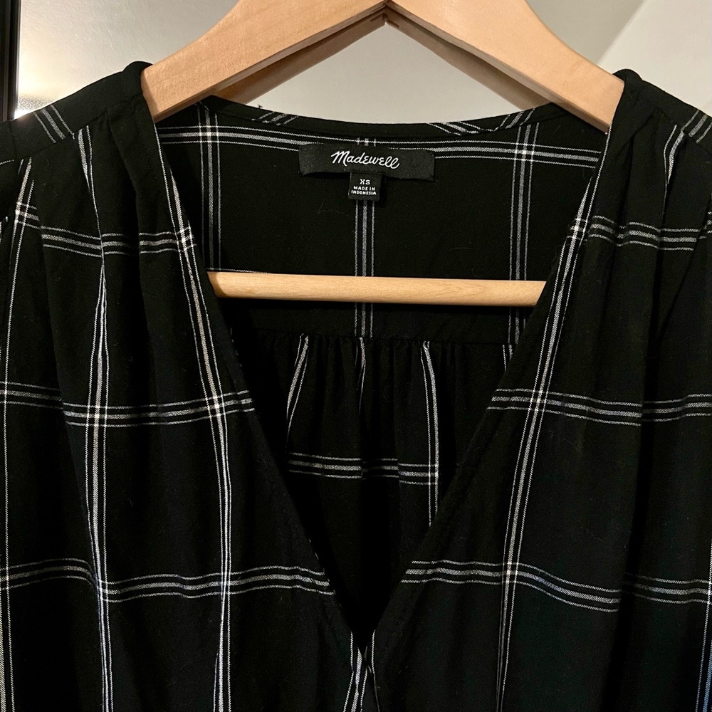 Madewell Black Windowpane Long Sleeve Wrap Blouse Size XS Excellent Condition - Picture 5 of 7